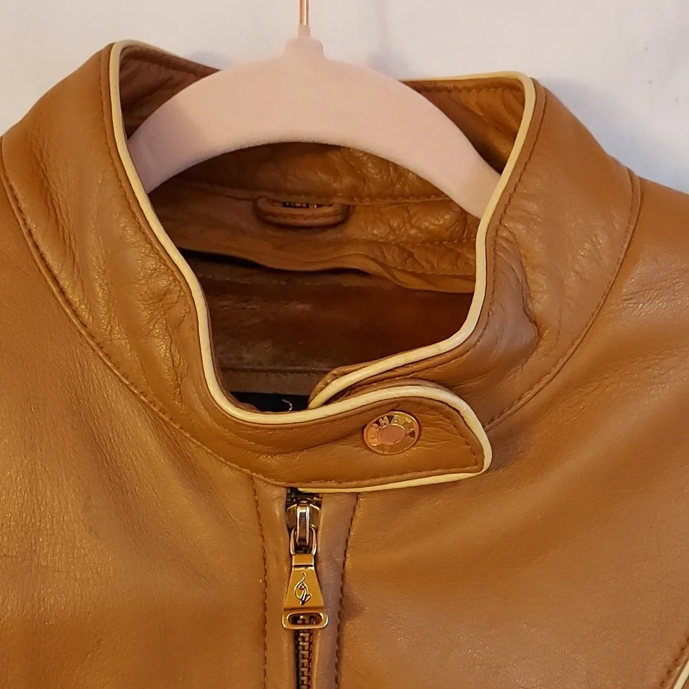 Baby Phat Women's Moto Leather Jacket Tan Cream Piping Removable Lining … - Picture 2 of 16